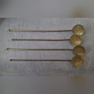 Vintage  Alpaca Silver Mayan Calendar Yerba Mate Set of 4 Straw/Spoons J1-35